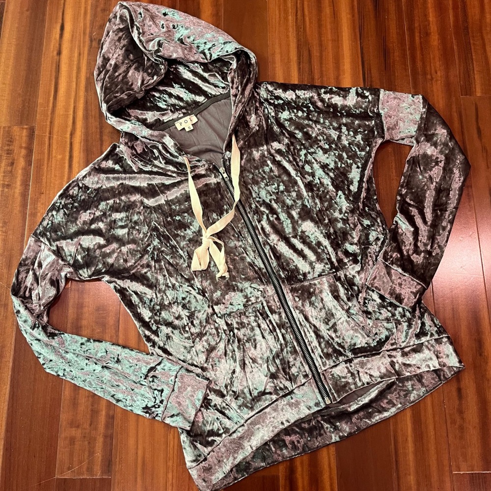 POL Velvet Hoodie Zip Up Taupe Mocha‎ Long Sleeve Sweatshirt New Size Small